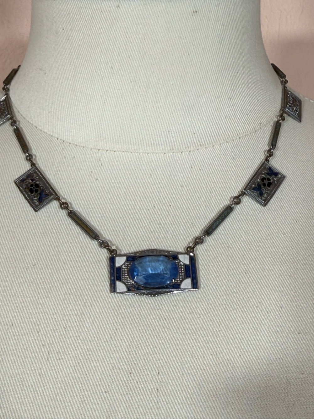 Antique Art Deco 1920 Blue Checho Glass Guilloche enamel choker Necklace - Picture 16 of 17